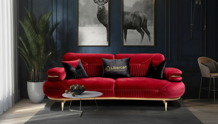 Exclusive 3-seater sofa fabric seat modern textile furniture red color new