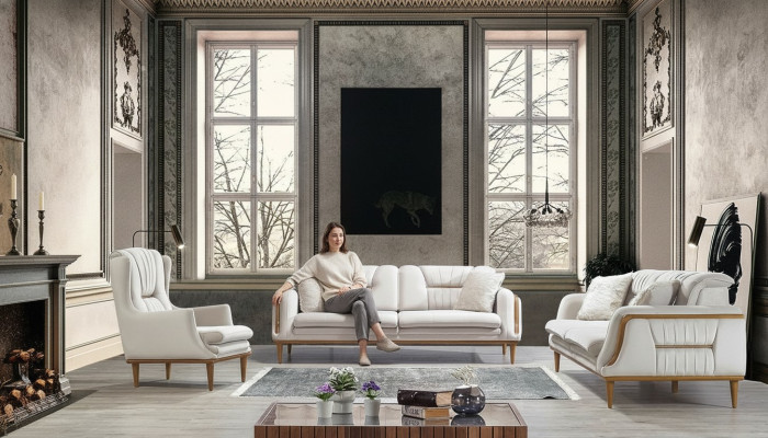 Modern white luxury sofa for living room and 1-seater armchair