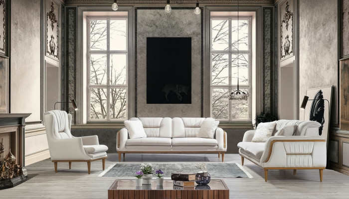Modern white luxury sofa for living room and 1-seater armchair