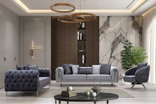 Modern comfortable living room furniture: two three-seater sofas and one armchair.