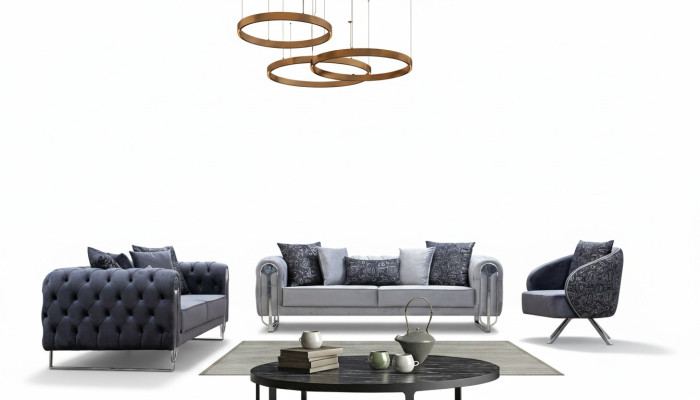 Modern comfortable living room furniture: two three-seater sofas and one armchair.