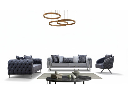 Modern comfortable living room furniture: two three-seater sofas and one armchair.