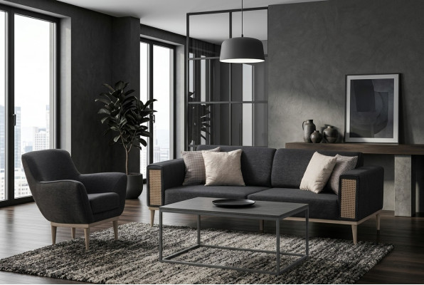 Gray living room set luxury three-seater upholstered armchair style textile furniture