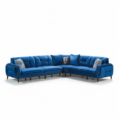 Blue L-shaped upholstered sofa designer corner couch textile cover living room furniture