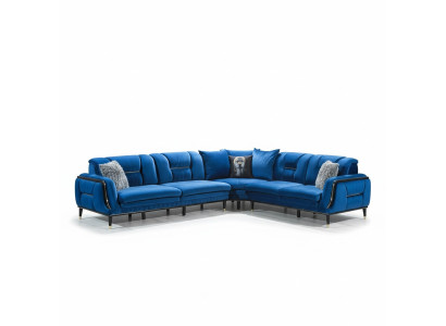 Blue L-shaped upholstered sofa designer corner couch textile cover living room furniture