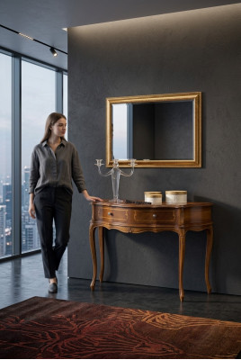 Luxurious wooden console table in the bedroom, classic brown lamp