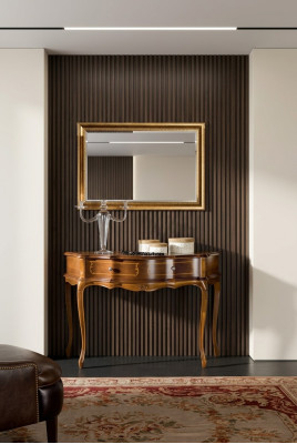 Luxurious wooden console table in the bedroom, classic brown lamp