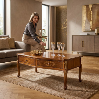 Classic Brown Wood Coffee Table Luxury Design with Drawers New