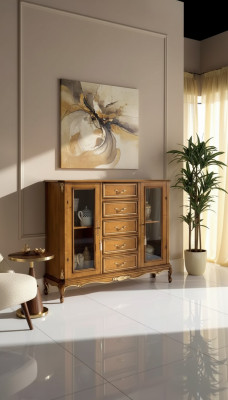 Exclusive brown wooden display cabinet with drawers in classic furniture style.