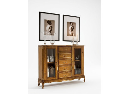 Exclusive brown wooden display cabinet with drawers in classic furniture style.
