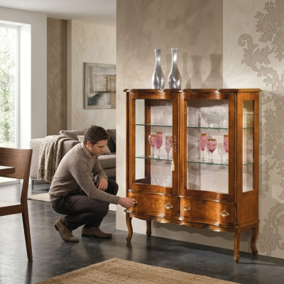 Glass Luxurious Brown Wood Display Cabinet Exclusive Living Room Furniture New
