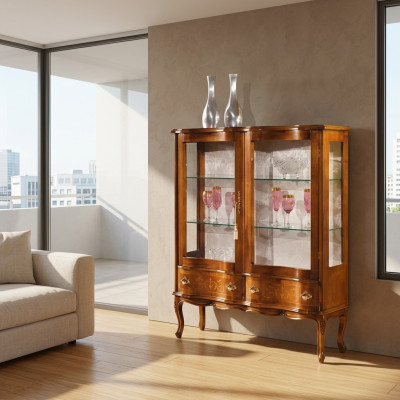 Glass Luxurious Brown Wood Display Cabinet Exclusive Living Room Furniture New