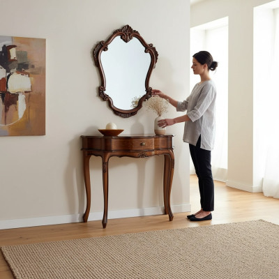 Elegant brown console table mirror classic bedroom set
