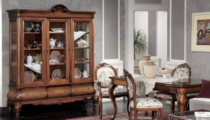 Classic dining room furniture set, wooden furniture, dining table with 4 chairs, display cabinet, 6 pieces.