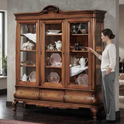 Living room display cabinet, classic wooden furniture with custom drawers display cabinet