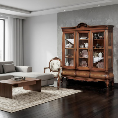 Living room display cabinet, classic wooden furniture with custom drawers display cabinet