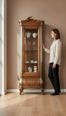Luxurious high-quality showcase made of brown wood Classic furniture cabinet