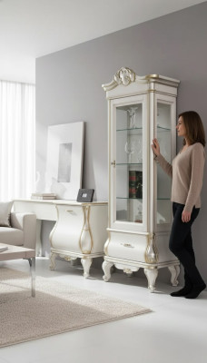 Luxurious wooden cabinet with glass classic white furniture cabinet showcases