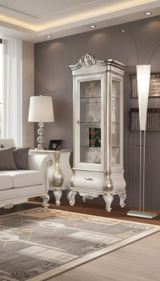 Luxurious wooden cabinet with glass classic white furniture cabinet showcases