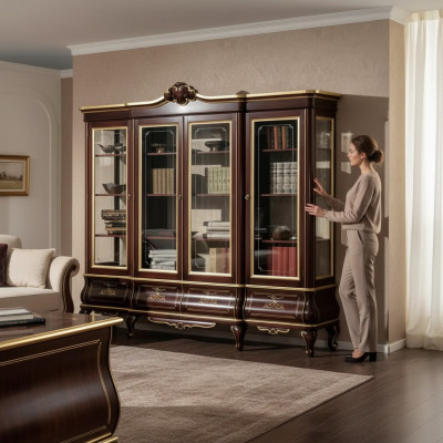 Classic brown bookshelf with drawers, glass doors, solid wood furniture