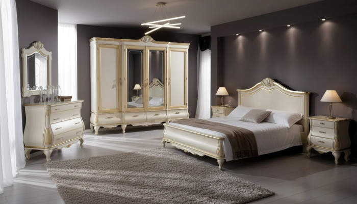 Bedroom set: bed, 2x nightstands, wardrobe, dresser, mirror