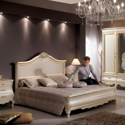Wooden double bed luxury design bedroom furniture classic beige