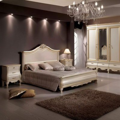 Wooden double bed luxury design bedroom furniture classic beige