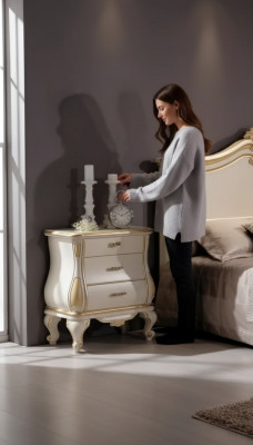 Modern designer nightstand made of white wood in the bedroom classic furniture