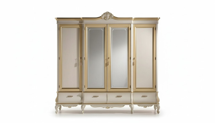 Classic Luxury White Four-Door Bedroom Wardrobe Wood Furniture New