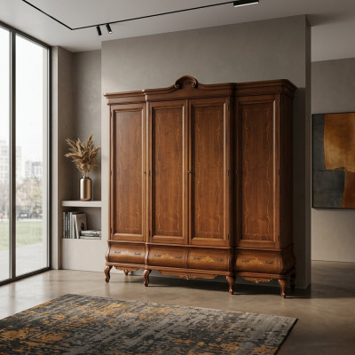 Four-door brown wardrobe classic bedroom furniture wood