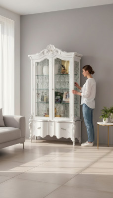 Luxurious white wooden display cabinet with classic furniture design cupboard vitrine.