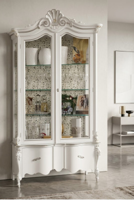 Luxurious white wooden display cabinet with classic furniture design cupboard vitrine.