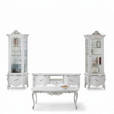 White living room set TV-stand coffee table 2x display cabinet luxury wooden furniture