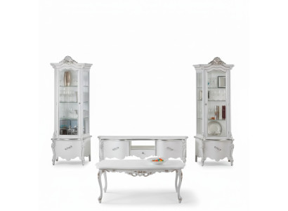 White living room set TV-stand coffee table 2x display cabinet luxury wooden furniture