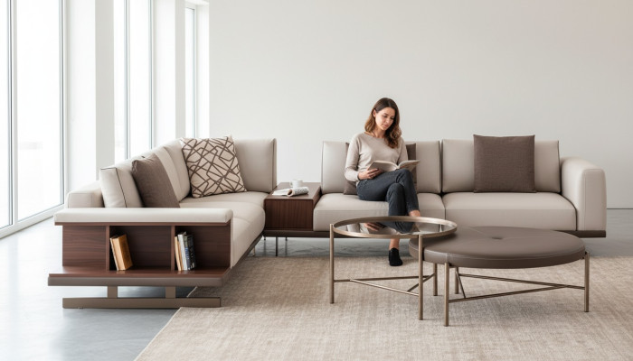 Modern beige corner sofa luxury L-shaped couch fabric sofas living room furniture