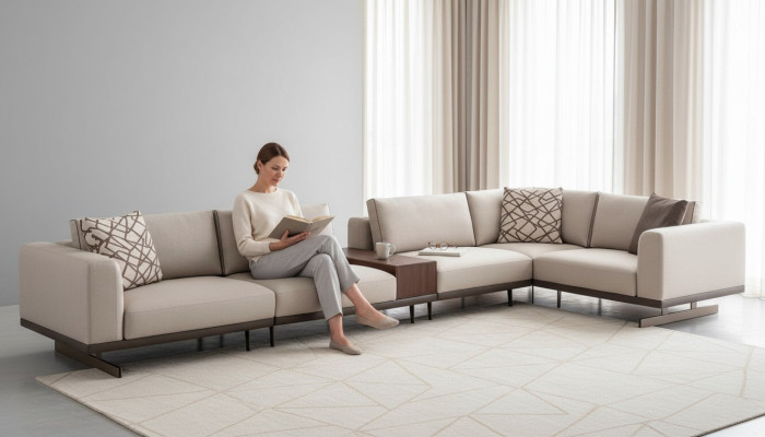 Large corner sofa, fabric furniture, L-shaped couches, sofas, beige living room furniture.