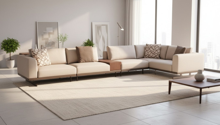 Large corner sofa, fabric furniture, L-shaped couches, sofas, beige living room furniture.