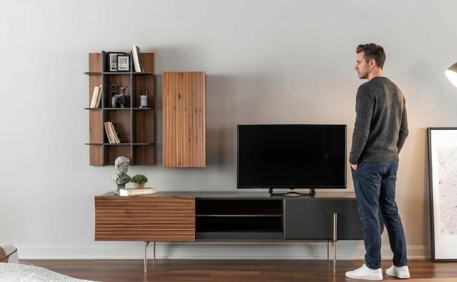 RTV lowboard TV stand shelves sideboard wood modern brown living room