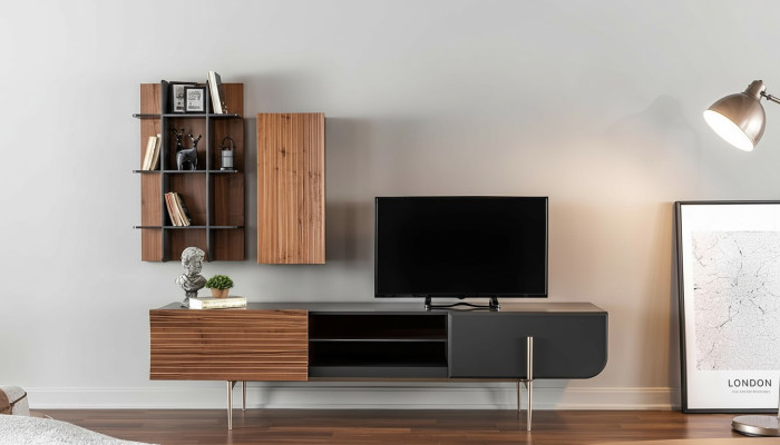 RTV lowboard TV stand shelves sideboard wood modern brown living room