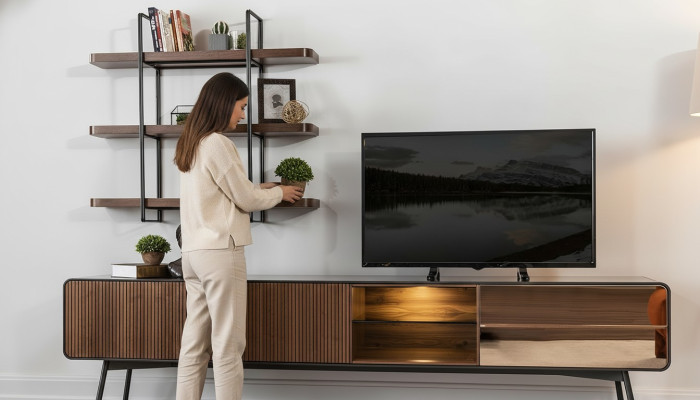 RTV lowboard, TV stand, shelves, sideboard, living room, wood, brown, modern
