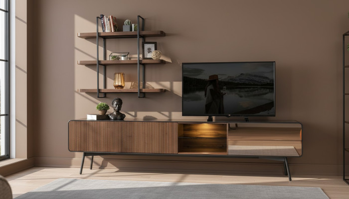 RTV lowboard, TV stand, shelves, sideboard, living room, wood, brown, modern