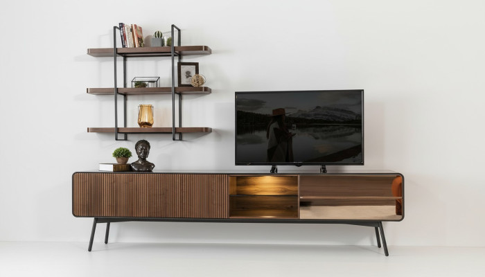 RTV lowboard, TV stand, shelves, sideboard, living room, wood, brown, modern