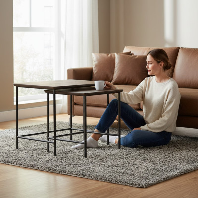 Luxury Side Tables Coffee Table Modern Wooden Table Complete Set Brown New