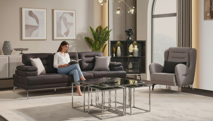 Sofa Set 3+1 Seater Furniture Sofa Armchair Fabric Black Modern Set