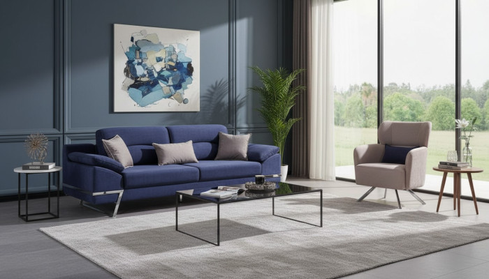 Luxury Sofa Set 331 Seater Three-Seater Sofa Armchair Fabric Blue Modern