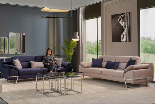 Three-seater suite sofa set 3-seat fabric luxury blue set suites