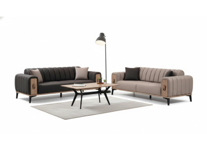 Brown sofa set 2x three-seater luxury set furniture sofas couches wooden frame