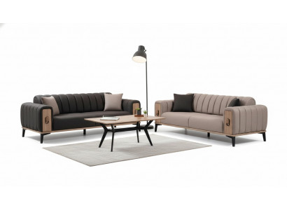 Brown sofa set 2x three-seater luxury set furniture sofas couches wooden frame