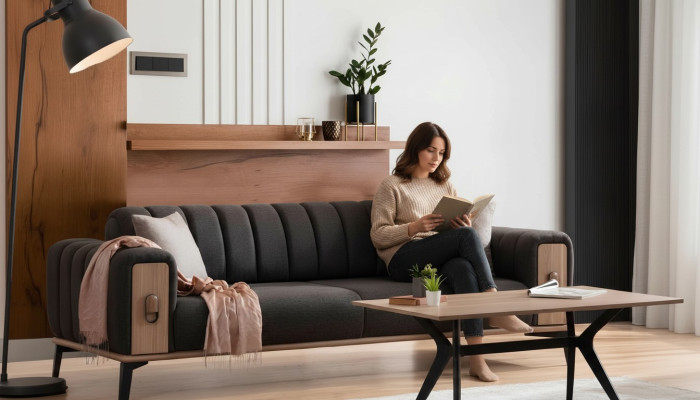 Stylish three-seater modern living room furniture gray wooden furniture couches