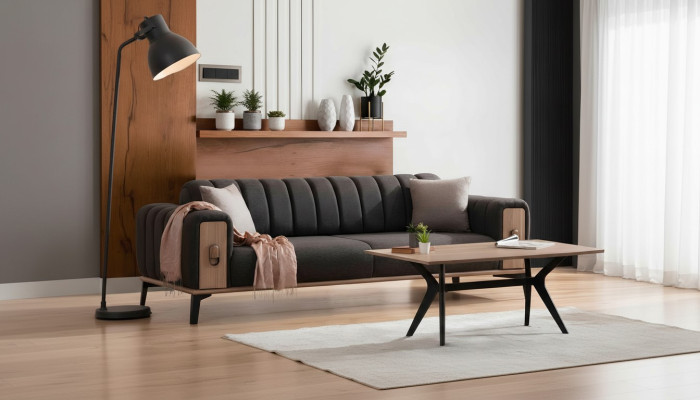 Stylish three-seater modern living room furniture gray wooden furniture couches